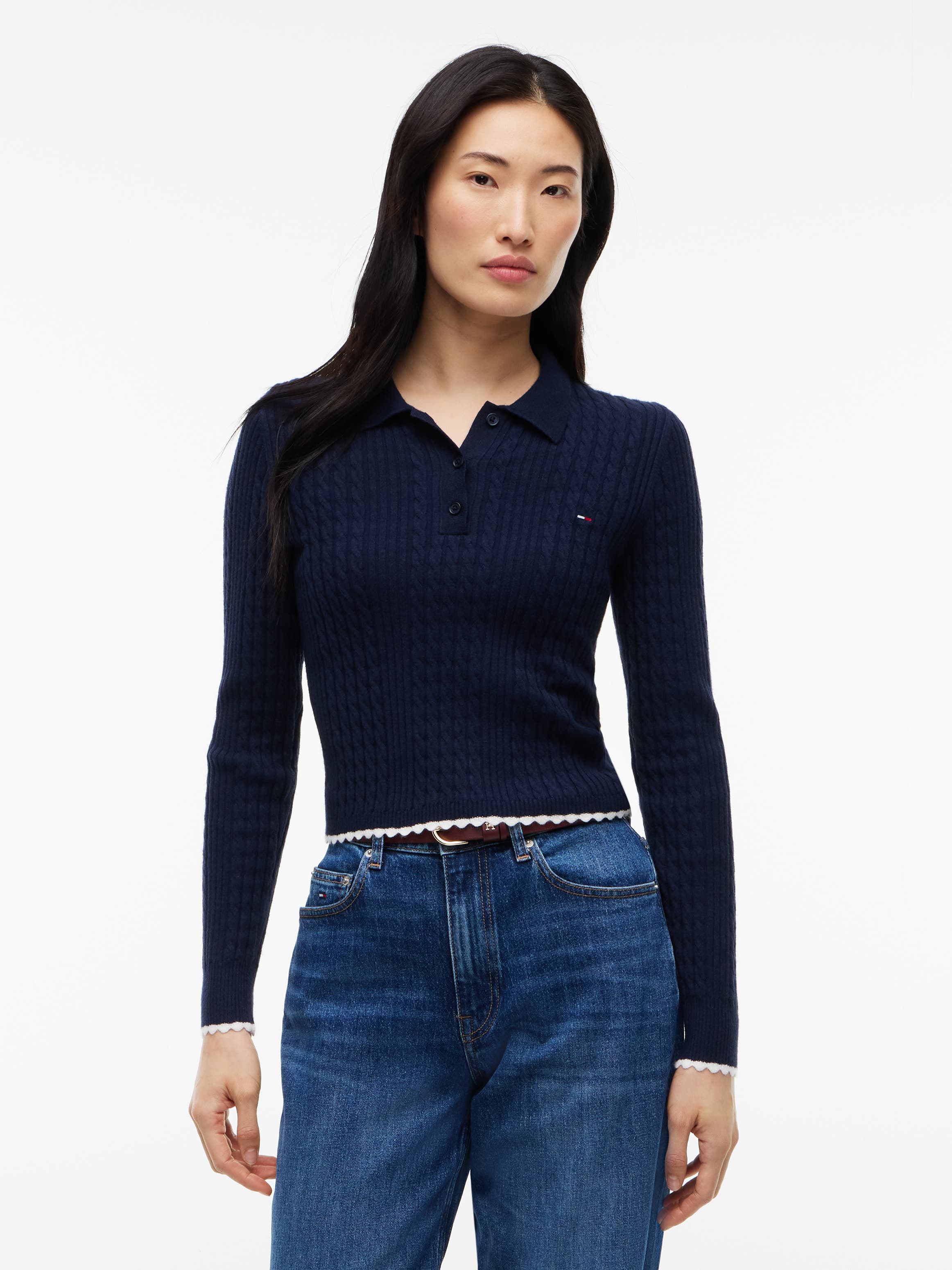 Micro Cable Knit Slim Polo Jumper