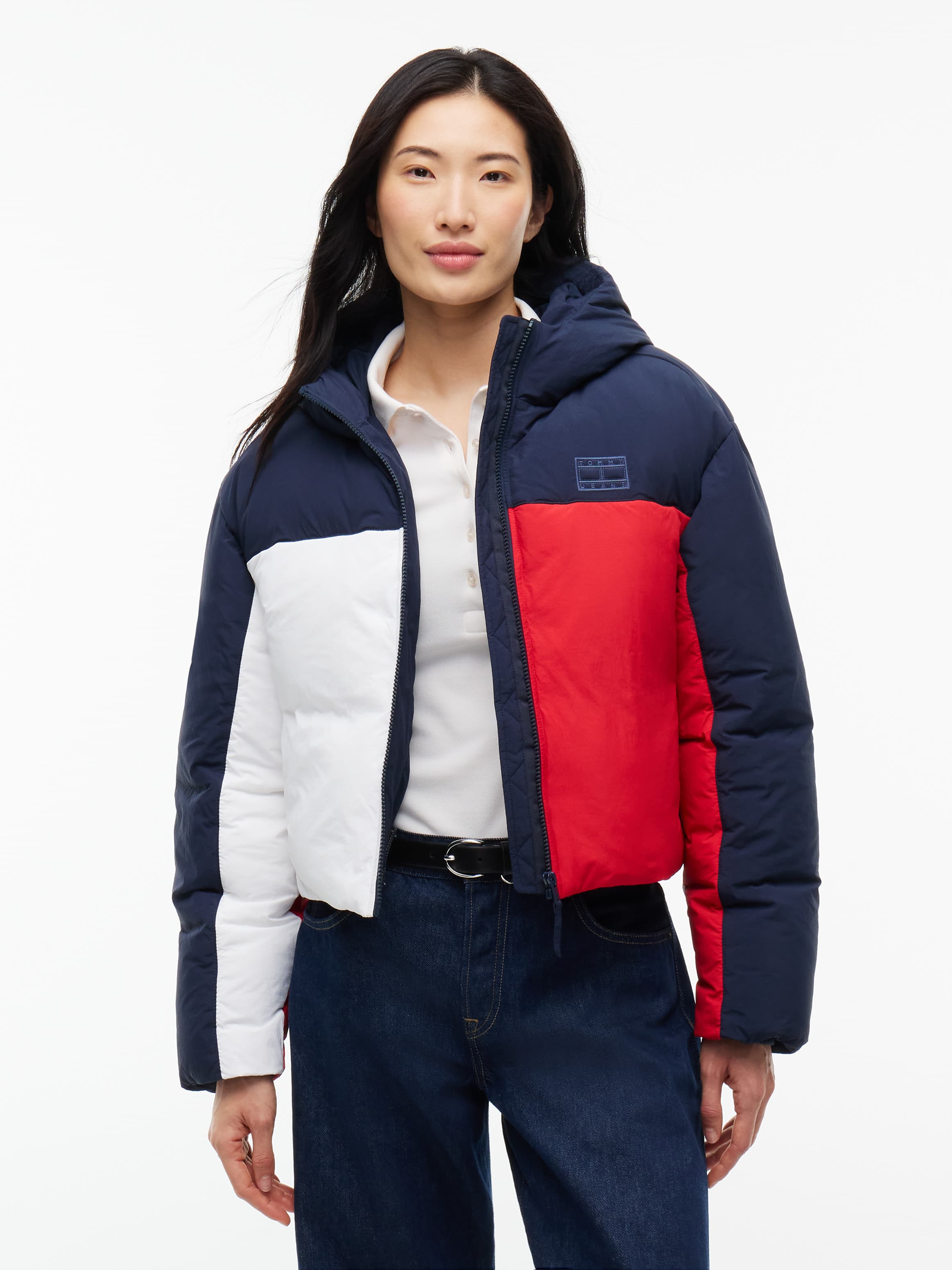 Colour-Blocked Crinkle Hooded Puffer Jacket