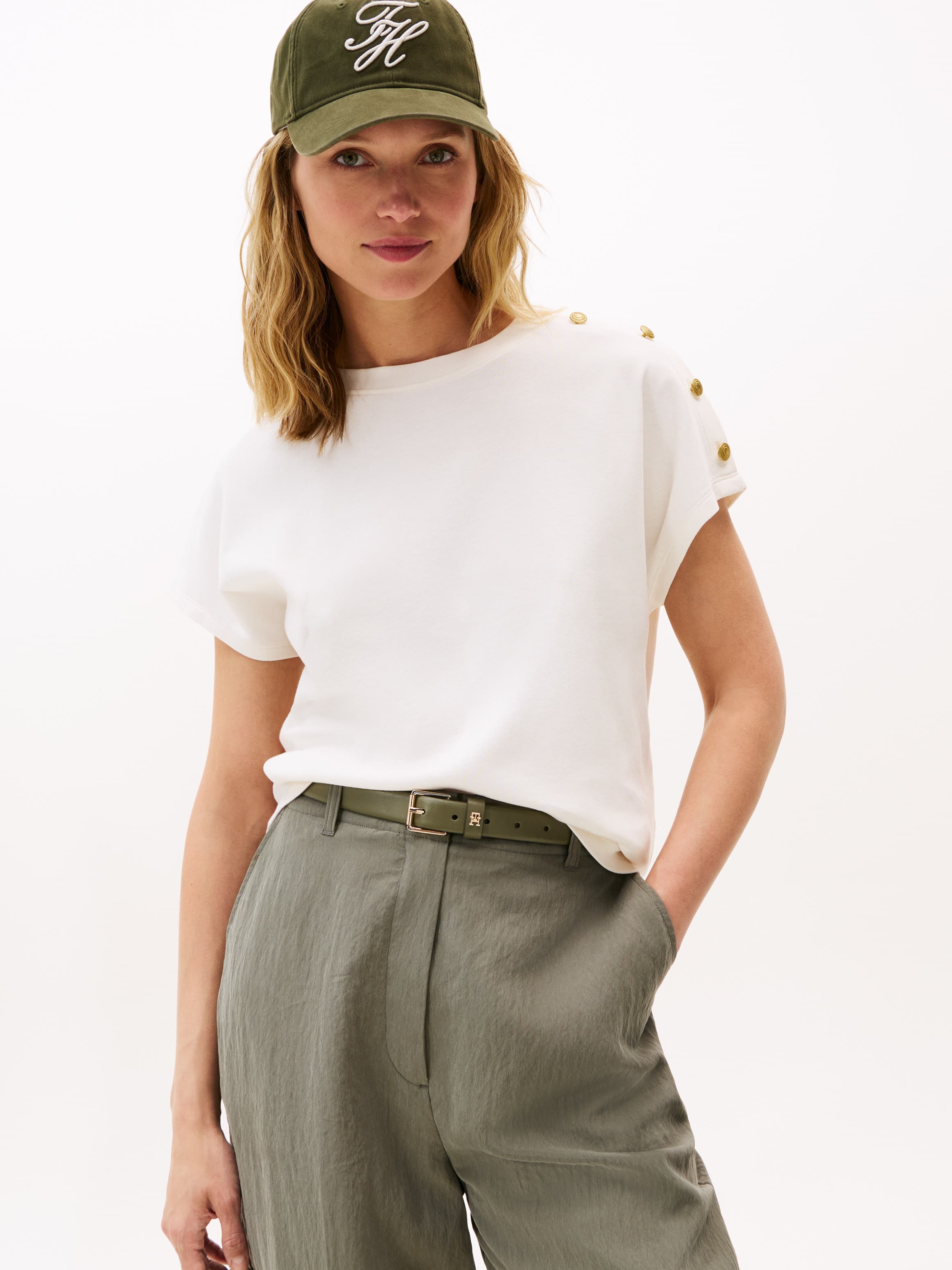 Gold-Tone Button Shoulder T-Shirt