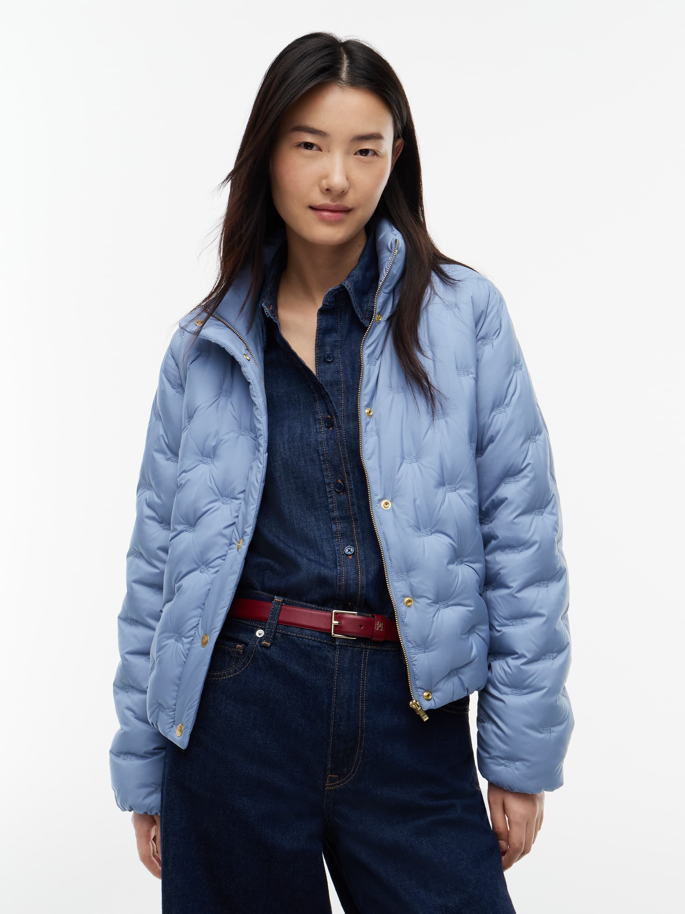 Gold-Tone Button Flag Down Quilted Jacket