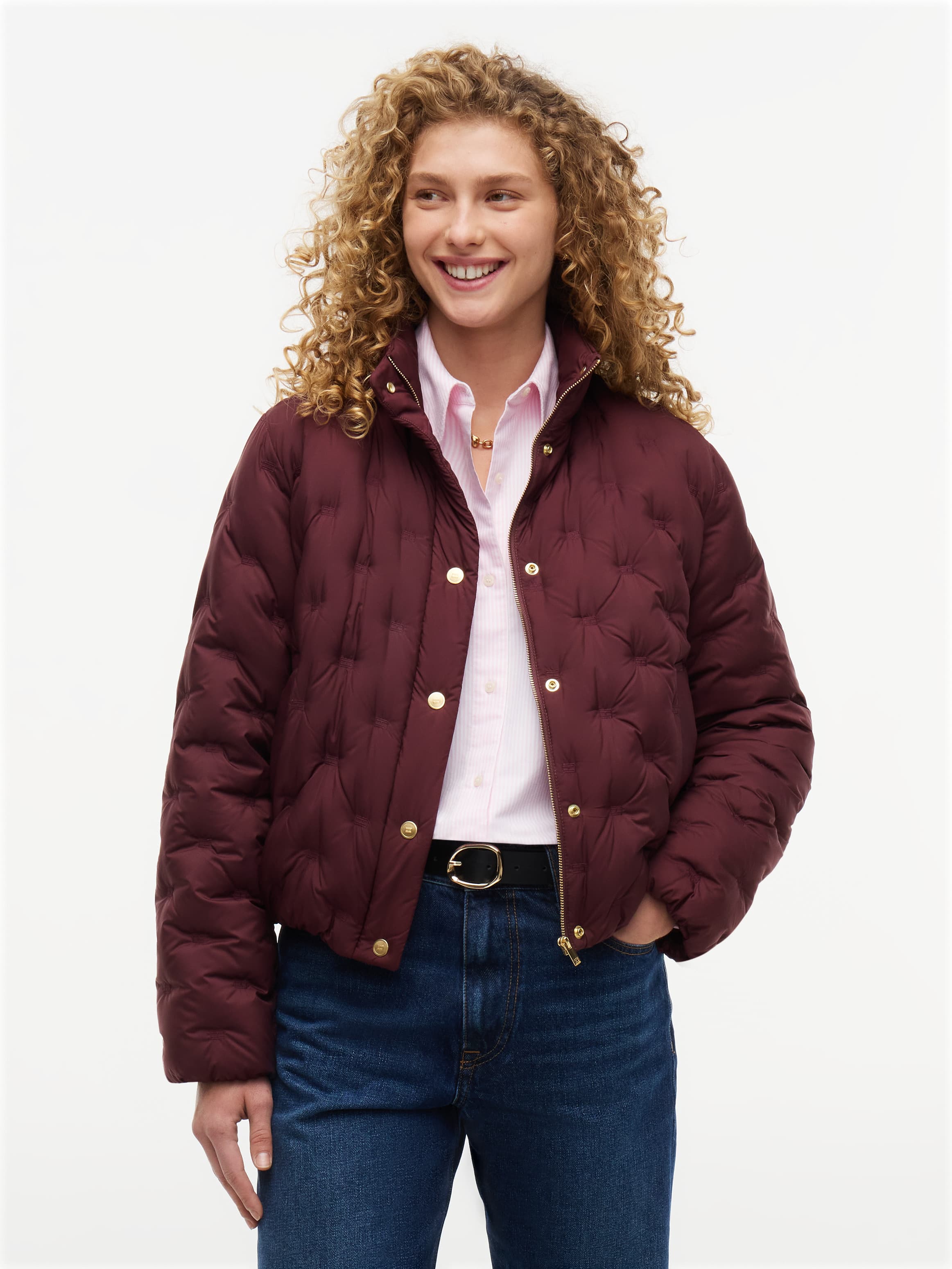 Gold-Tone Button Flag Down Quilted Jacket