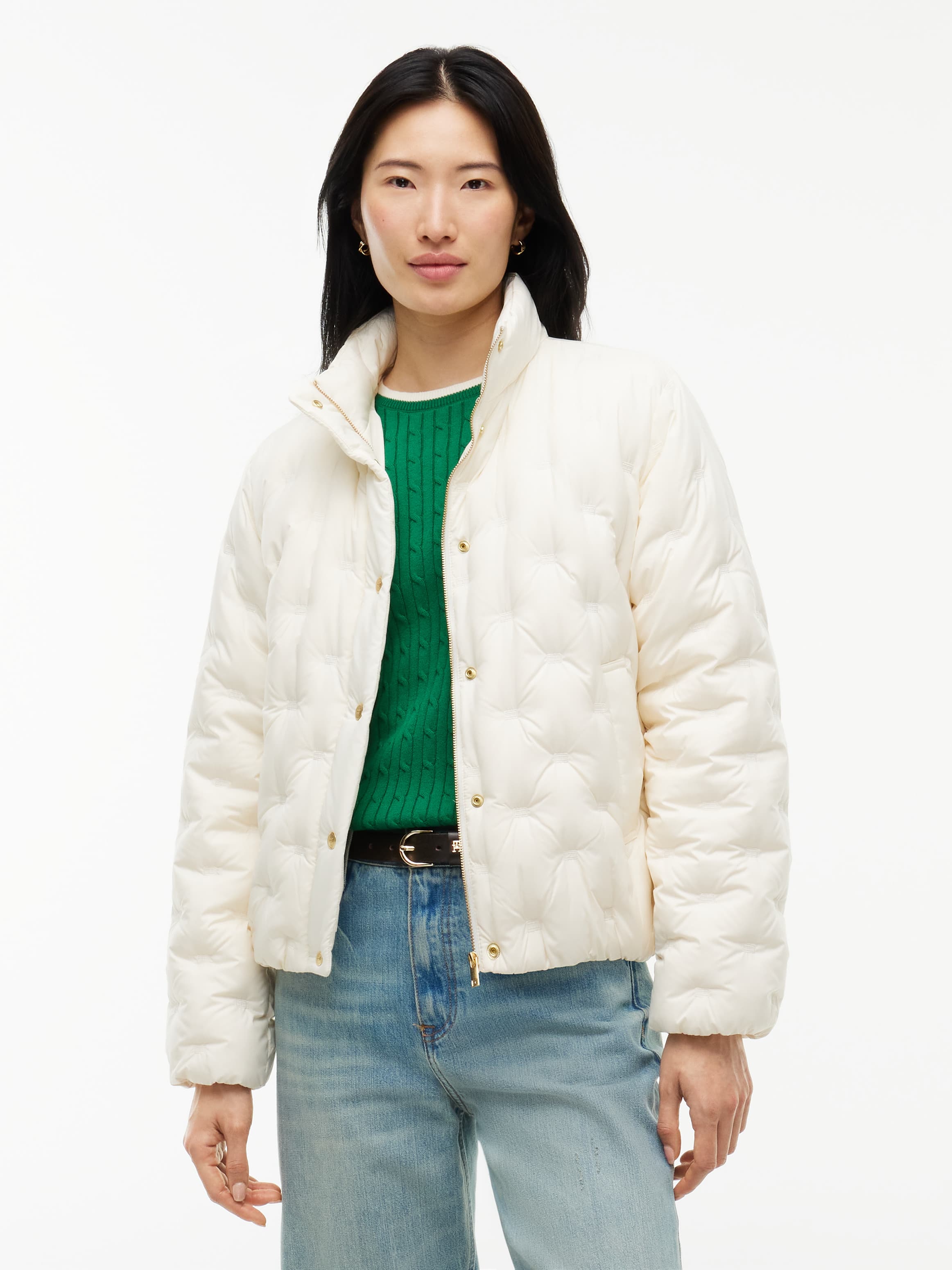 Gold-Tone Button Flag Down Quilted Jacket